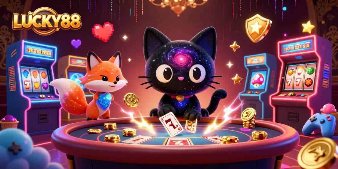 Engage with LUCKY88 at a cosmic casino with a black hole cat and a nebula fox among vibrant gaming elements.