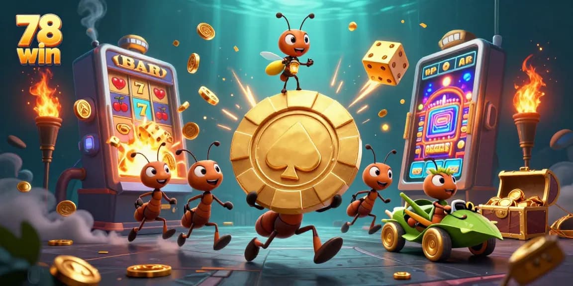 Embrace the thrill with 78 win as cartoon ants seize a golden poker chip in an electrifying casino heist.