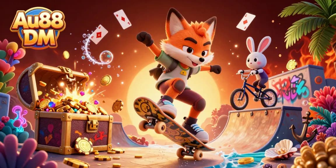 Engage with Au88 DM as the skateboarder fox and BMX rabbit splash through a vibrant casino-themed world.