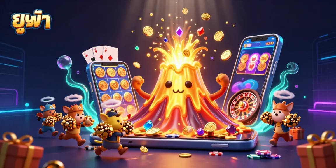 Experience the vibrant action of ยูฟ้า with a golden volcano erupting coins and treasures, against a casino backdrop.