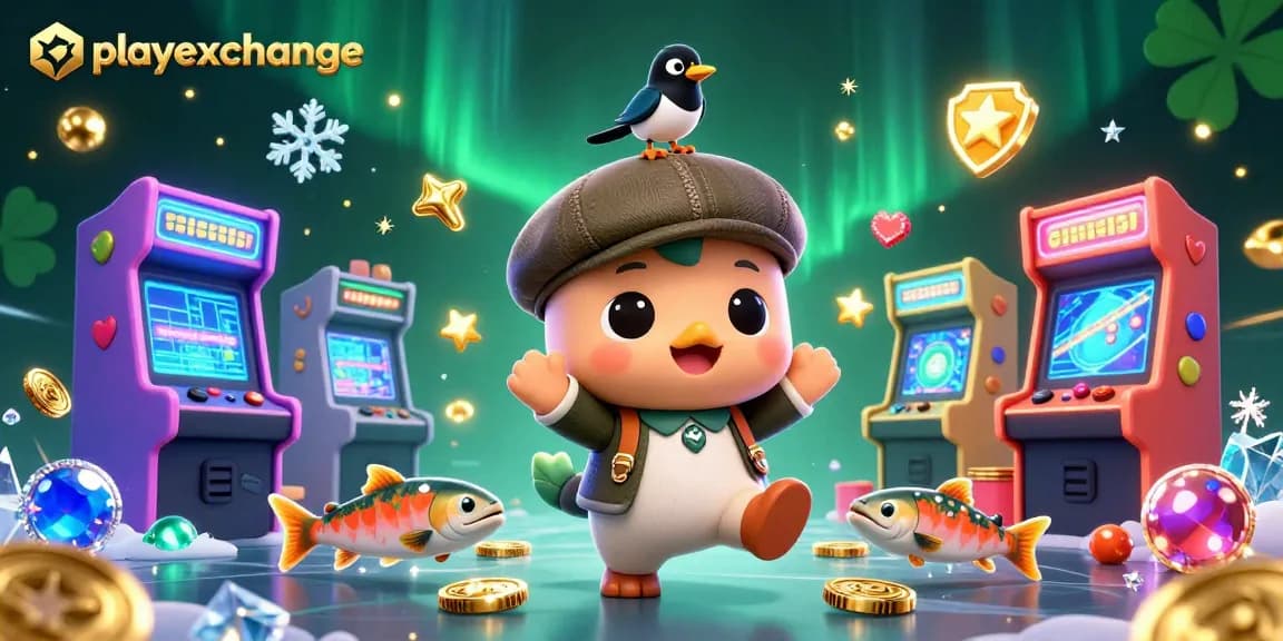 Playexchange brings excitement with a cartoon Nessie, gold coins, and vibrant arcade machines.