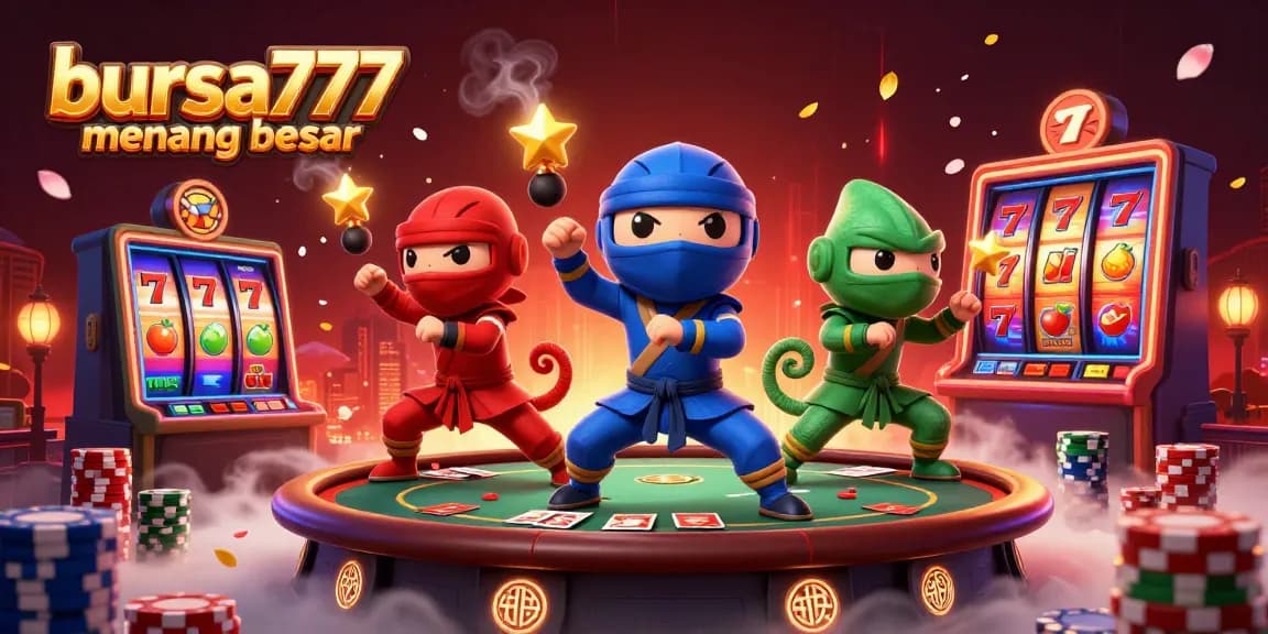 Bursa777 menang besar captures excitement with three colorful ninja chameleons amidst a dynamic casino scene.