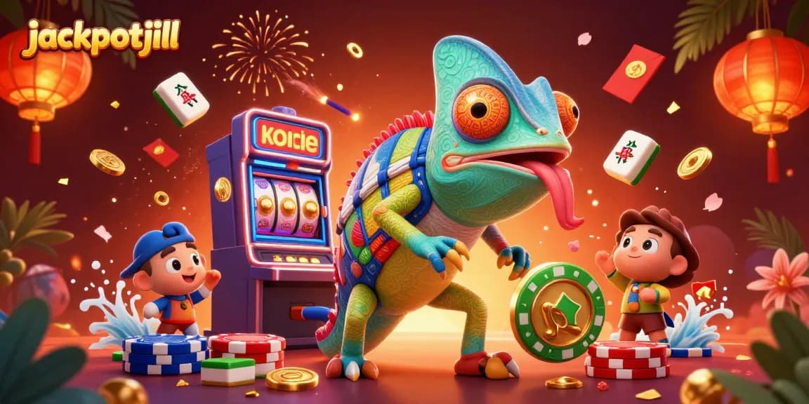 Engage in thrilling casino action with jackpotjill featuring vibrant chameleon and slot elements.