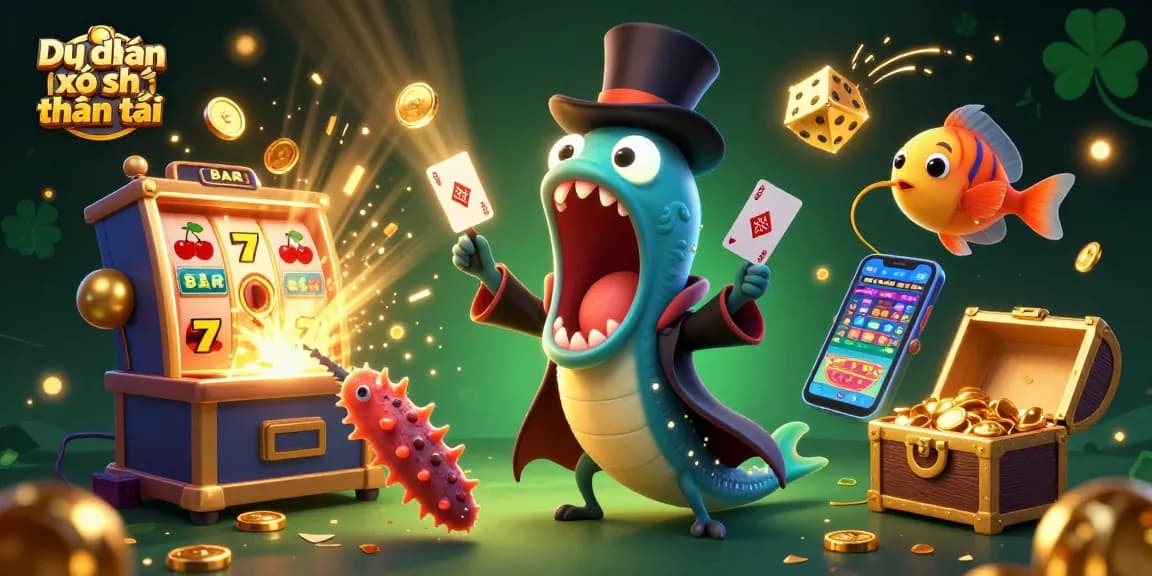Dự đoán xổ số thần tài showcases a vibrant 3D scene with animated characters and dynamic casino elements.