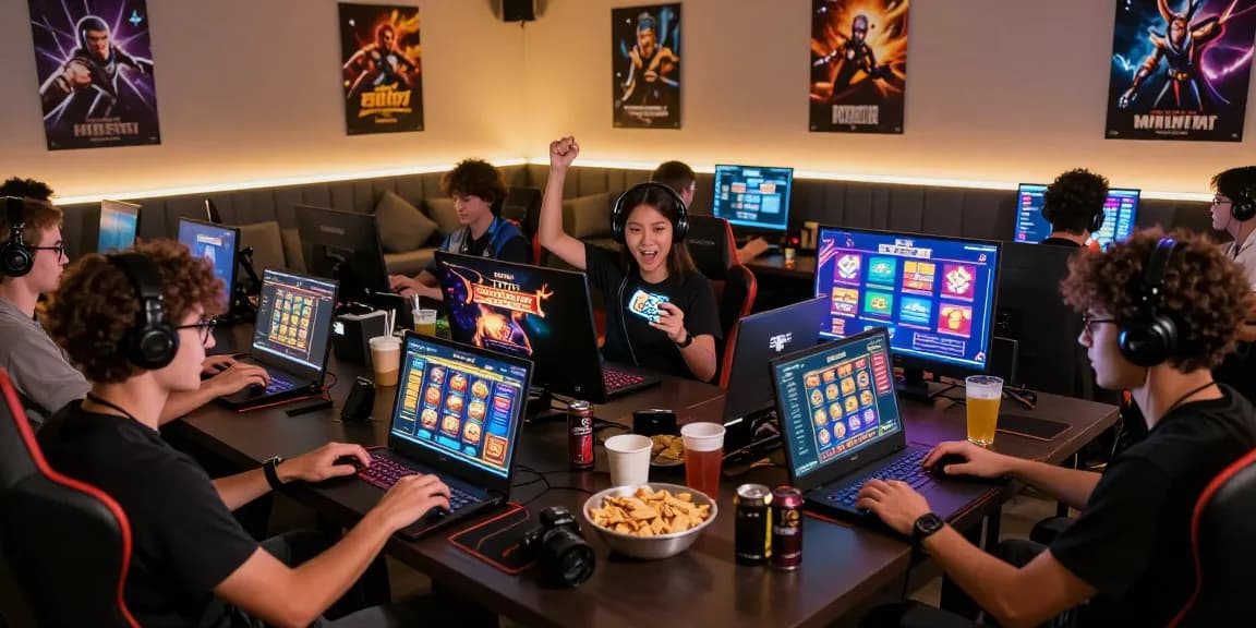 Gamers enjoying an engaging ngamenjitu online gaming experience in a vibrant gaming lounge with dynamic slot game interfaces.
