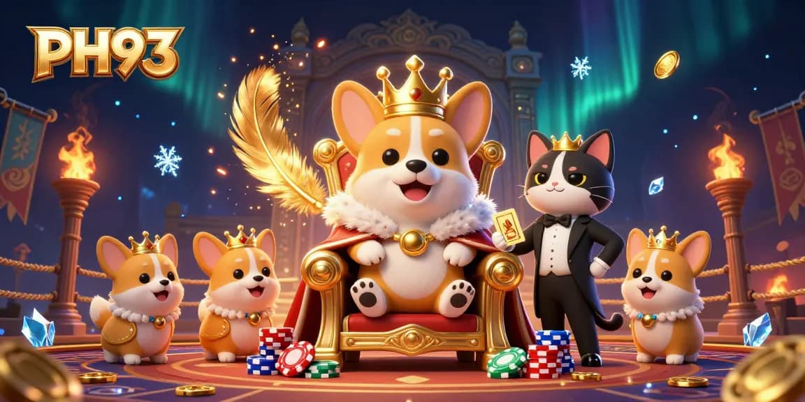 Engage in thrilling gaming with PH33 featuring a regal corgi and cat butler in a dazzling 3D casino environment.