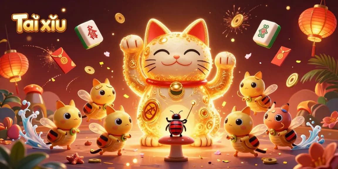 Engage in Tài xỉu excitement with a dynamic illustration of a lucky cat, casino elements, and vibrant colors.