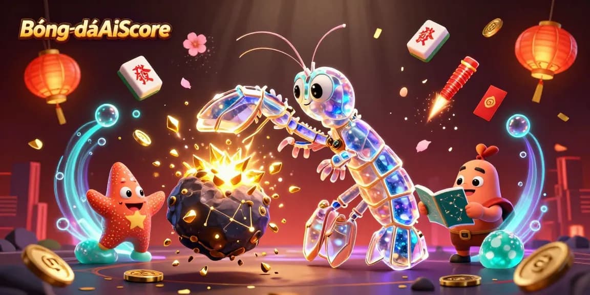 BóngđáAiScore showcases a vibrant 3D samurai shrimp scene with action-packed gambling elements.