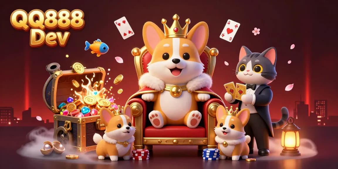 Experience QQ888 Dev's thrilling gaming world with a royal corgi on a poker chip throne.