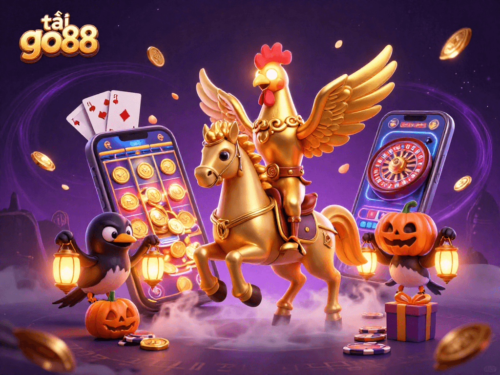 Experience the thrilling action with tải go88 featuring a golden rooster in a majestic casino scene filled with vibrant game elements.