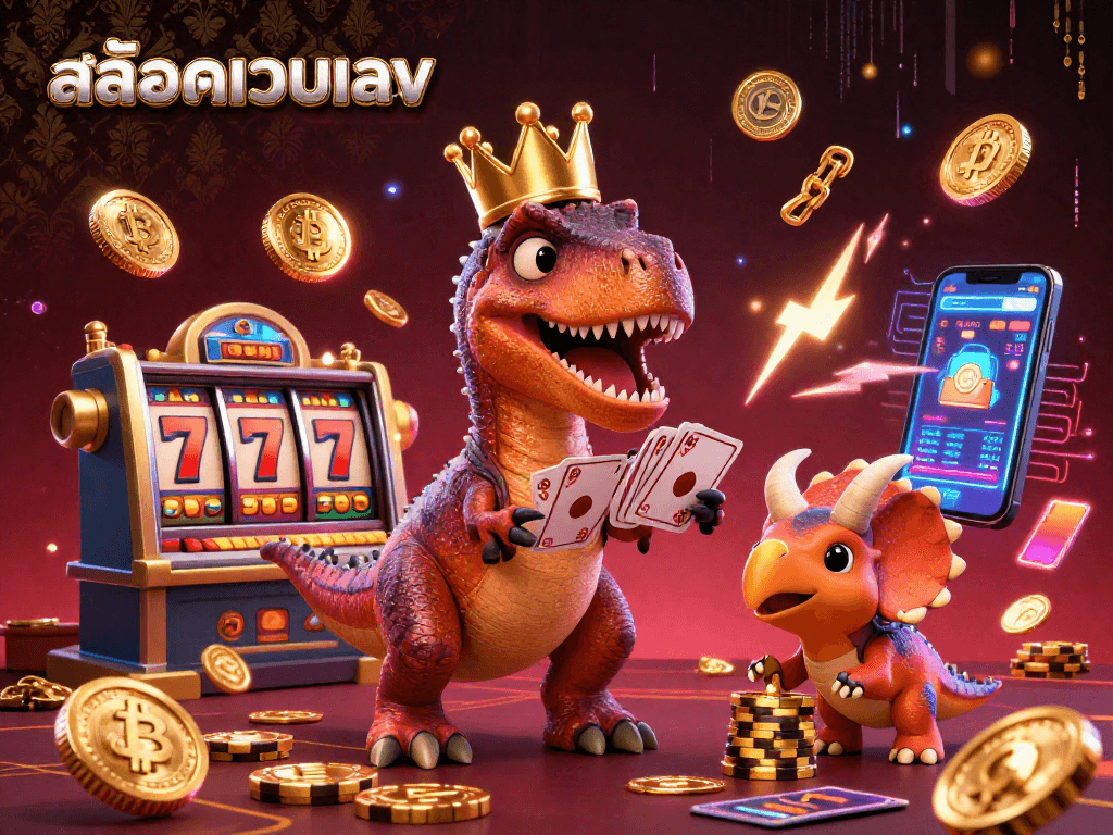 Experience thrilling สล็อตเว็บตรง gameplay with a cartoon T-Rex, pterodactyl, and triceratops in an exciting casino scene.