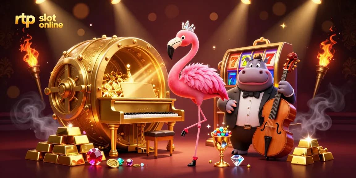 Engage with rtp slot online as the flamingo and hippo celebrate casino wins under dazzling lights.