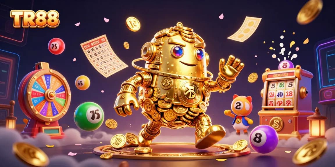Experience thrilling gameplay at TR88 with vibrant lottery elements and a golden golem.