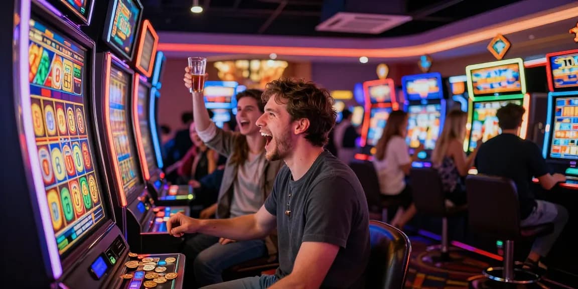 Pemain merayakan kemenangan slot jackpot dengan koin berjatuhan di kasino