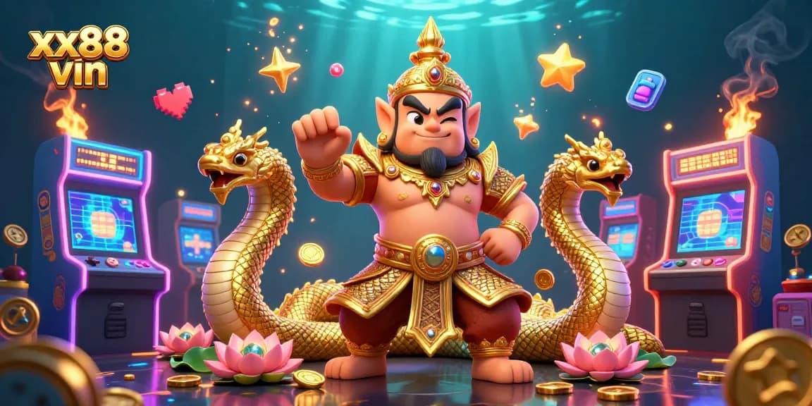 Engage with the vibrant energy of xx88 vin's gaming scene, showcasing colorful 3D arcade machines among characters like a yaksha guardian.