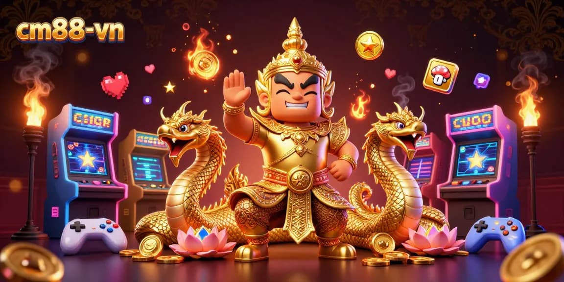 Play the exciting cm88-vn game with a vibrant temple guardian and Naga companions amidst colorful casino elements.