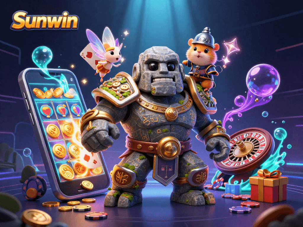 Experience the magic at Sunwin with the ancient guardian and brave hamster knight in a dynamic casino scene.