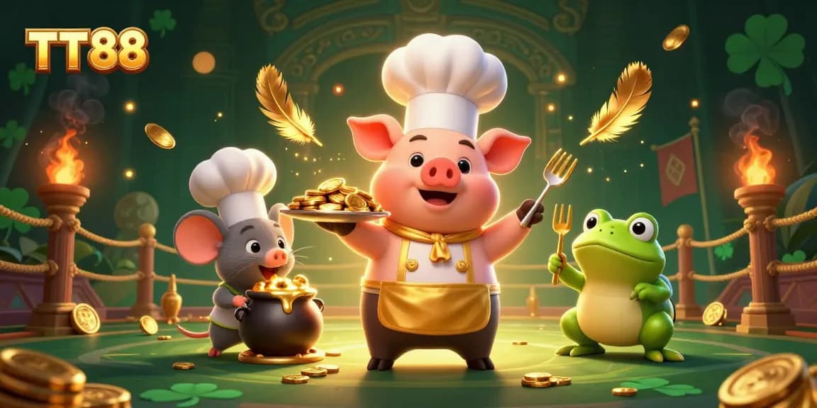 Serving gold coins, TT88 features a chef pig, sous-chef mouse, and critic frog in an engaging casino scene.