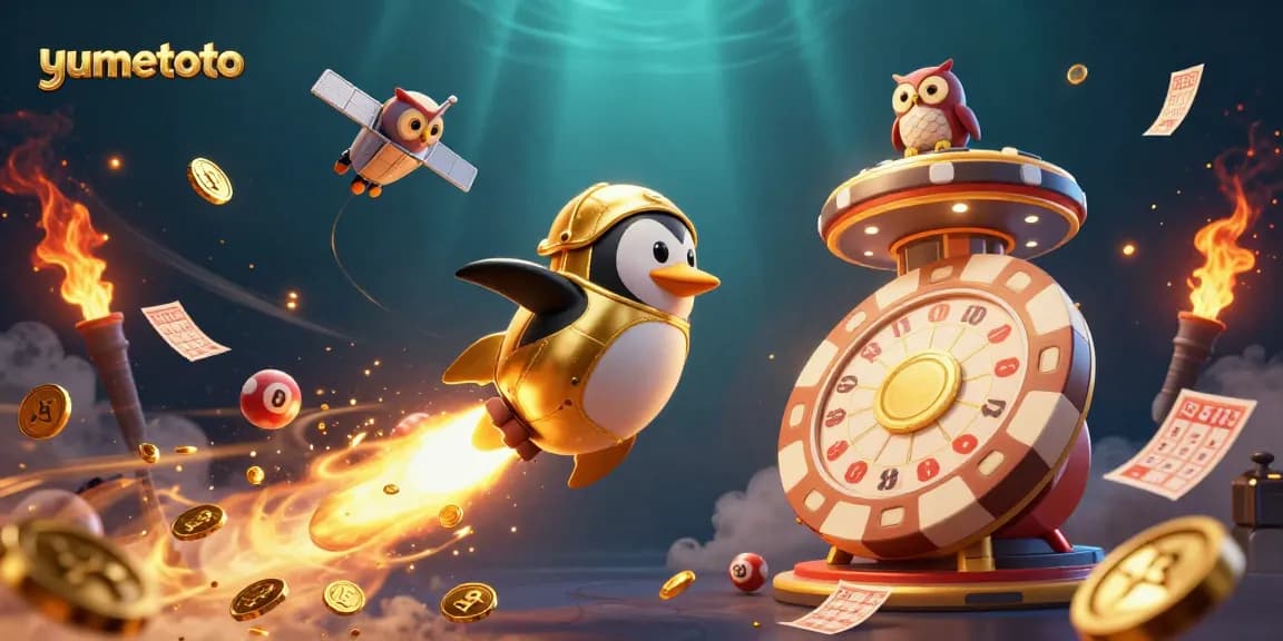 Experience the thrill of yumetoto lottery with a dynamic golden penguin illustration in space.