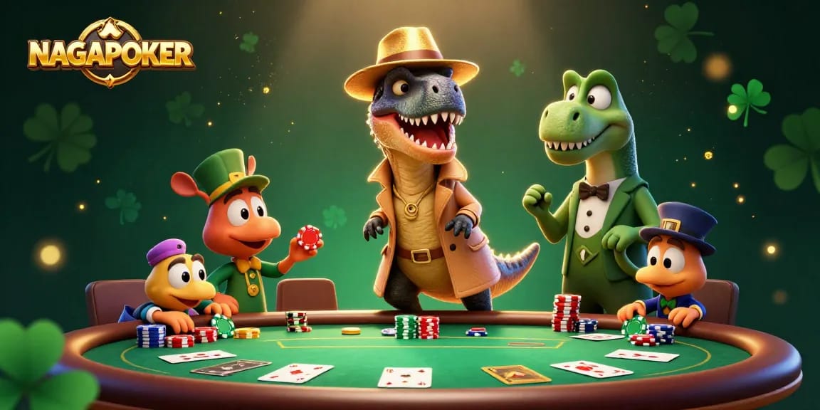 NAGAPOKER showcases a velociraptor card counter sneaking chips at a poker table in a vibrant casino scene.