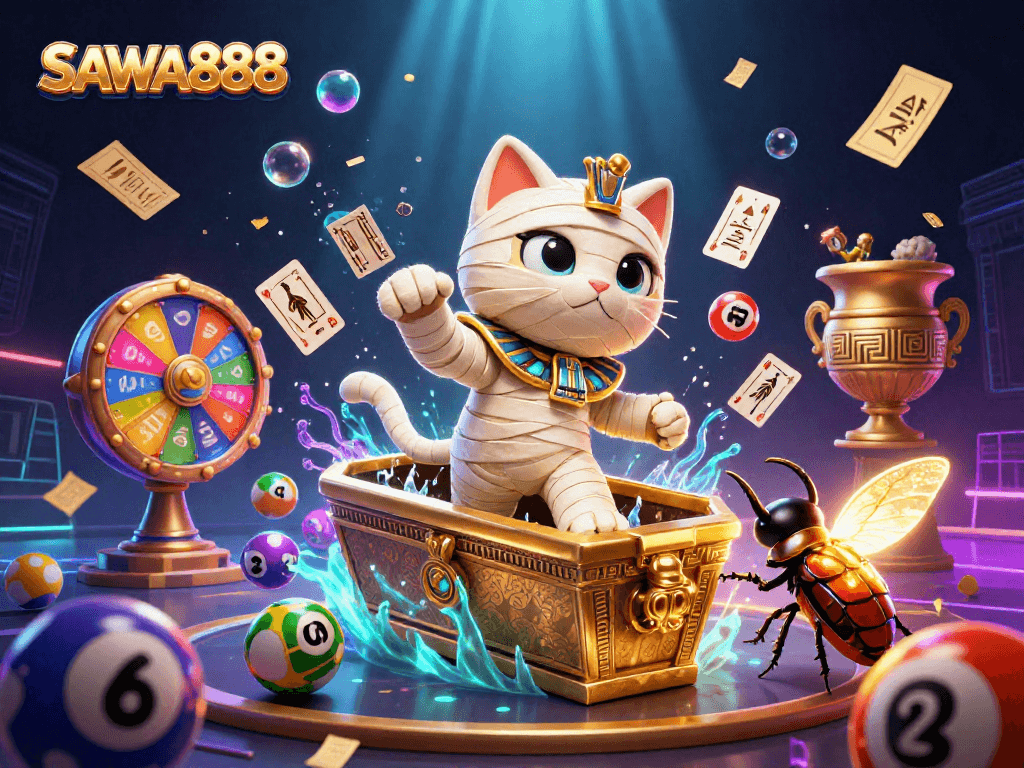 Win big with SAWA888 in an exciting and colorful 3D casino scene featuring vibrant elements and energetic characters.