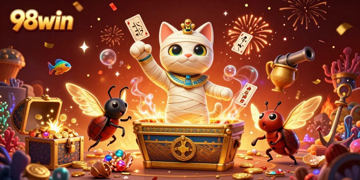 Win big with 98win in a vibrant casino scene featuring an Egyptian mummy cat and treasures.