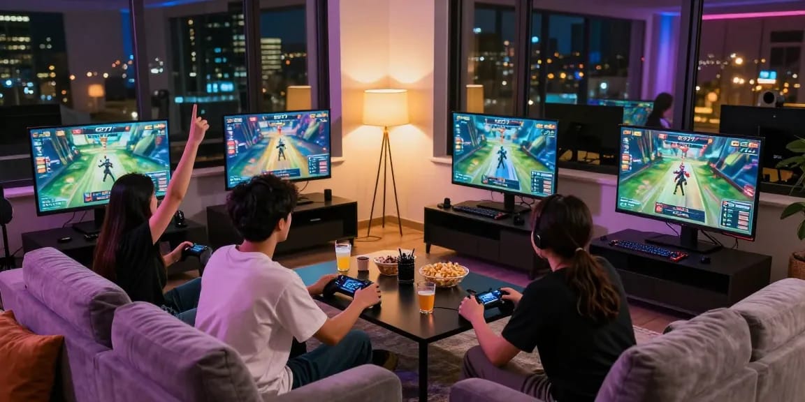 Friends enjoying intense gameplay with EC777 in a cozy gaming setup.