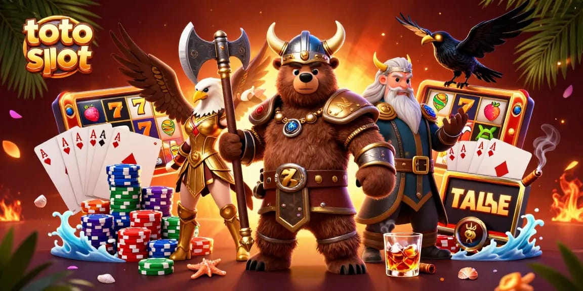 Toto slot gaming action with Viking characters amidst vibrant slot reels and dynamic casino elements