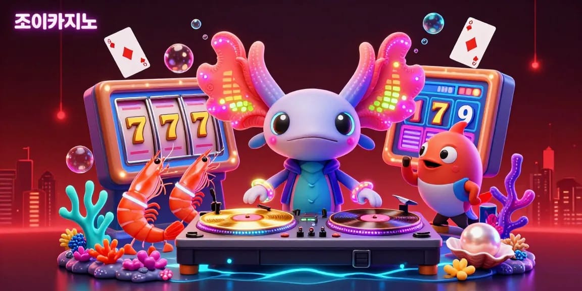 Experience the dynamic gambling scene with 조이카지노 featuring spinning slots, vibrant characters, and underwater treasures.