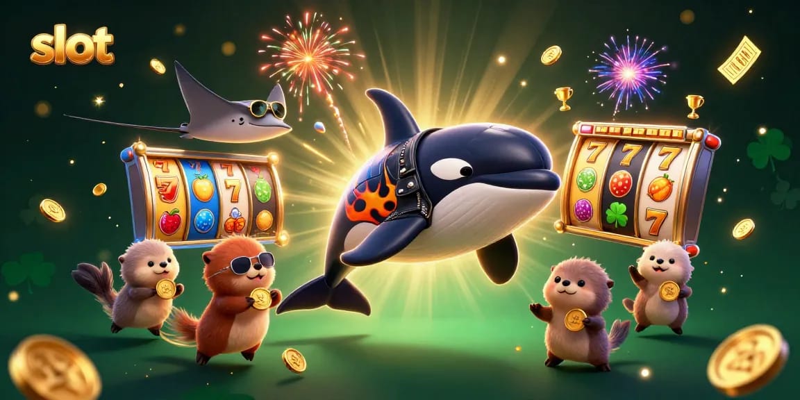 Pemain slot meraih jackpot dalam ilustrasi penuh warna dengan simbol slot yang ceria dan koin emas yang melayang.