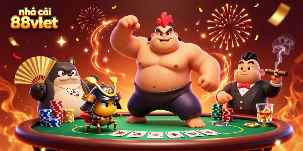 Engage with nhà cái 88vbet through epic poker action featuring cartoon sumo, samurai cricket, and announcer.
