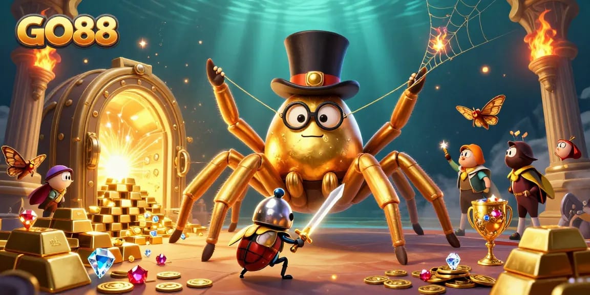 Engage at GO88 with a dynamic scene of the brave beetle knight facing the golden tarantula in a captivating casino.