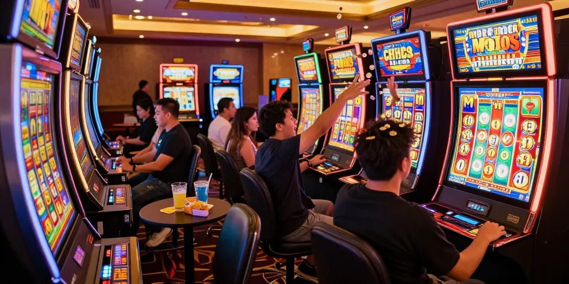 Slot gacor dengan pemain merayakan kemenangan jackpot di kasino yang meriah.