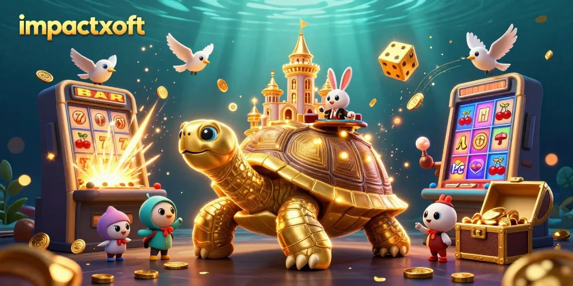 Play exciting games at impactxoft with golden tortoise casino illustration showcasing vibrant 3D elements.