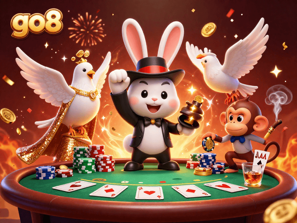 Experience the thrill with go8 as a magician rabbit conjures coins among poker chips and a dazzling dove.