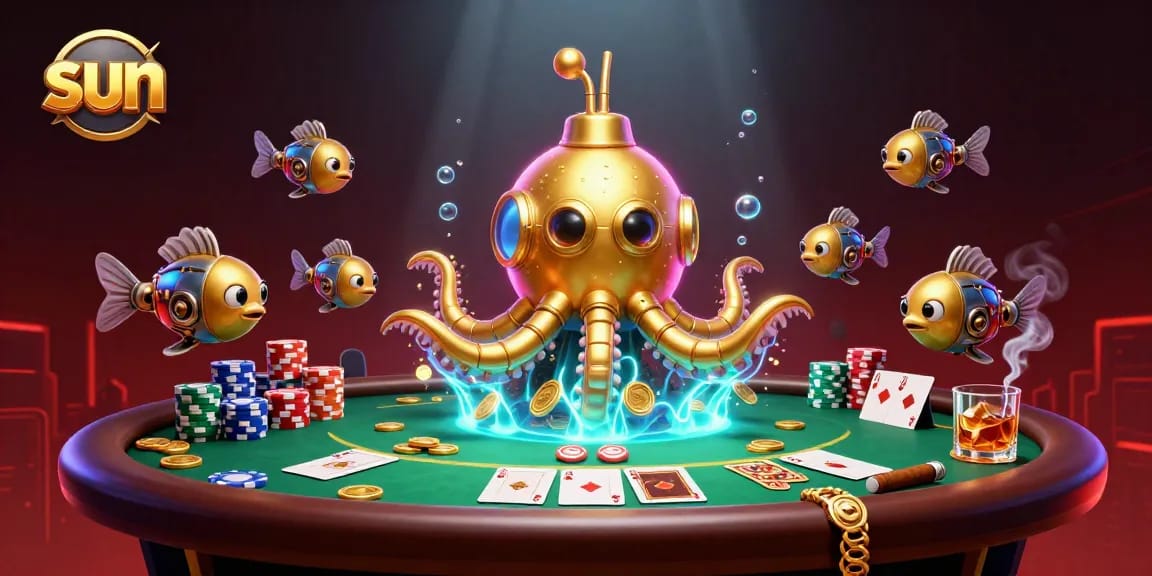 Experience thrilling games with the sun-themed casino illustration featuring a golden kraken and poker elements.