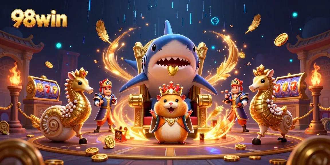 Immerse in the vibrant 98win online casino scene with a dynamic golden hamster king and magical elements.
