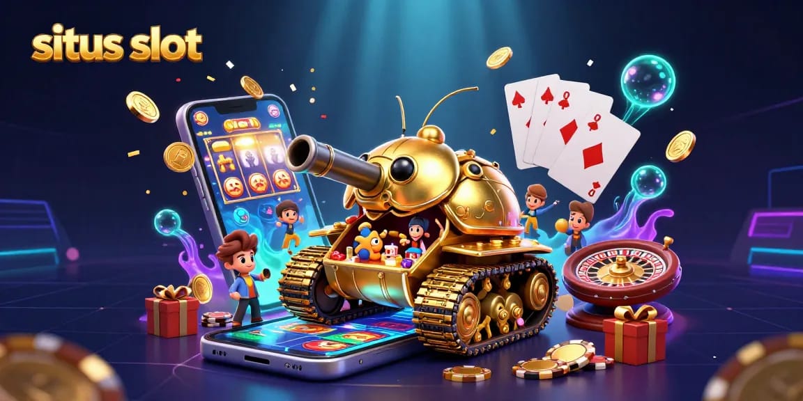 Spin and win with situs slot featuring a vibrant casino scene from a golden beetle tank, coins and excitement abound.