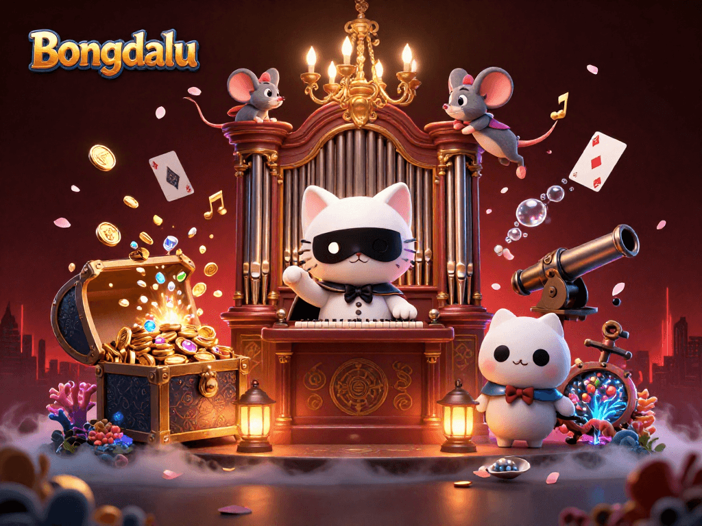 Bongdalu presents a lively casino scene with characters interacting amidst gold coins and musical notes.