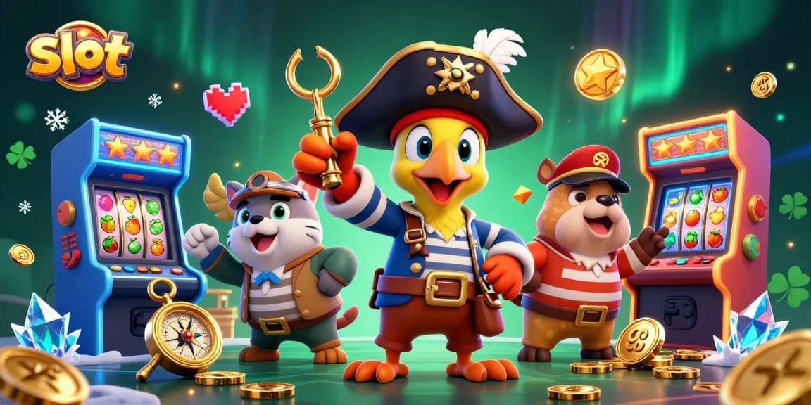 Memenangkan slot dengan karakter bajak laut, bulldog, dan kucing, dikelilingi mesin permainan.