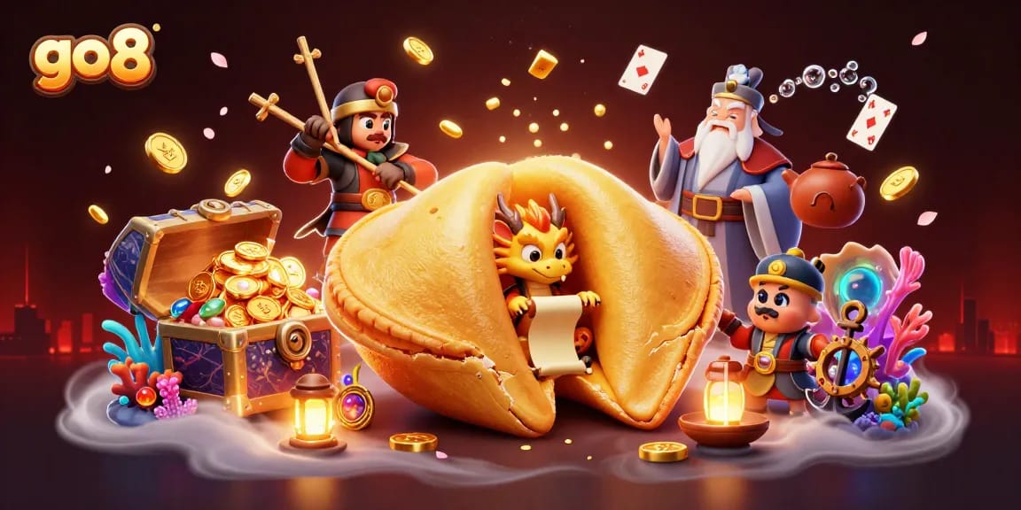 Go8 showcases a vibrant casino scene with a magical golden cookie, dragon, and rich game elements.