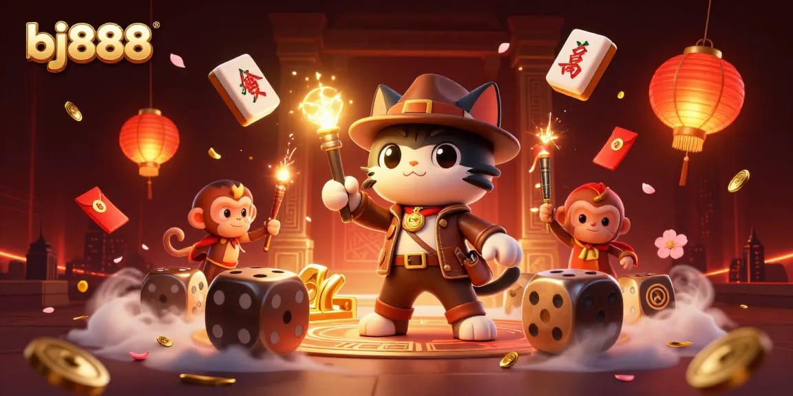Bettors winning big at bj888 with vibrant casino elements and a treasure discovery theme.
