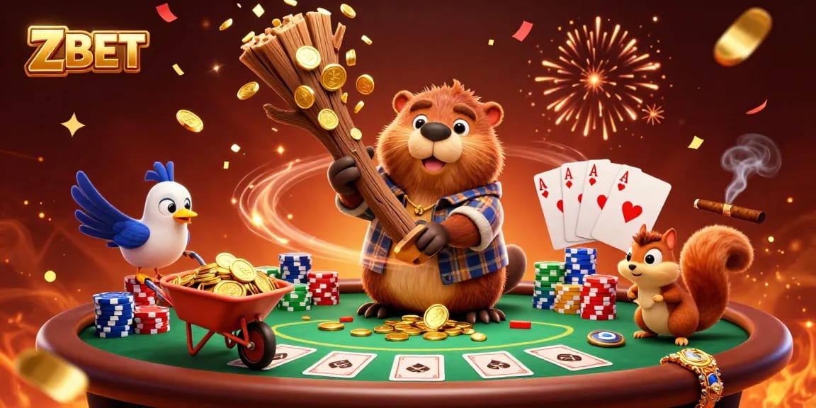 ZBET showcases a vibrant 3D illustration with a beaver, a bird, and a squirrel in a casino scene collecting coins and chips.