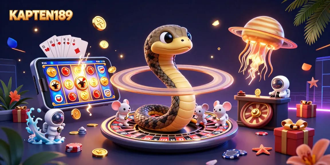 KAPTEN189 menghadirkan ilustrasi 3D kasino saat karakter meletakkan taruhan dengan simbol slot yang berputar.