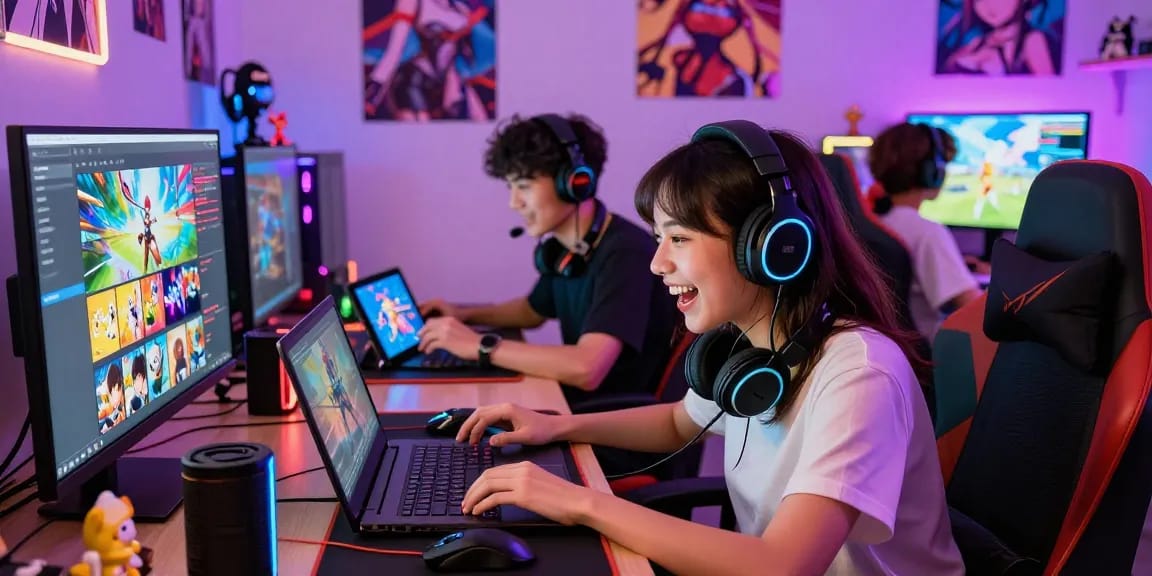 Engaged players enjoying hentai games on laptops and tablets in a lively gaming room.