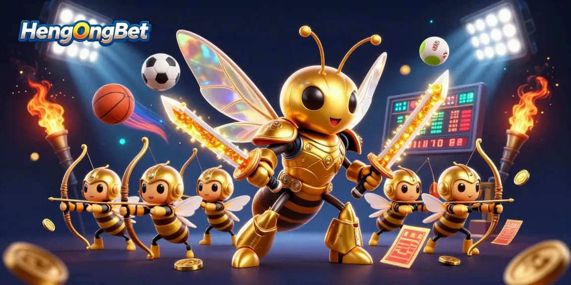 HengOngBet showcases an exciting scene with a giant hornet in samurai armor and bee archers amid dynamic sports action.