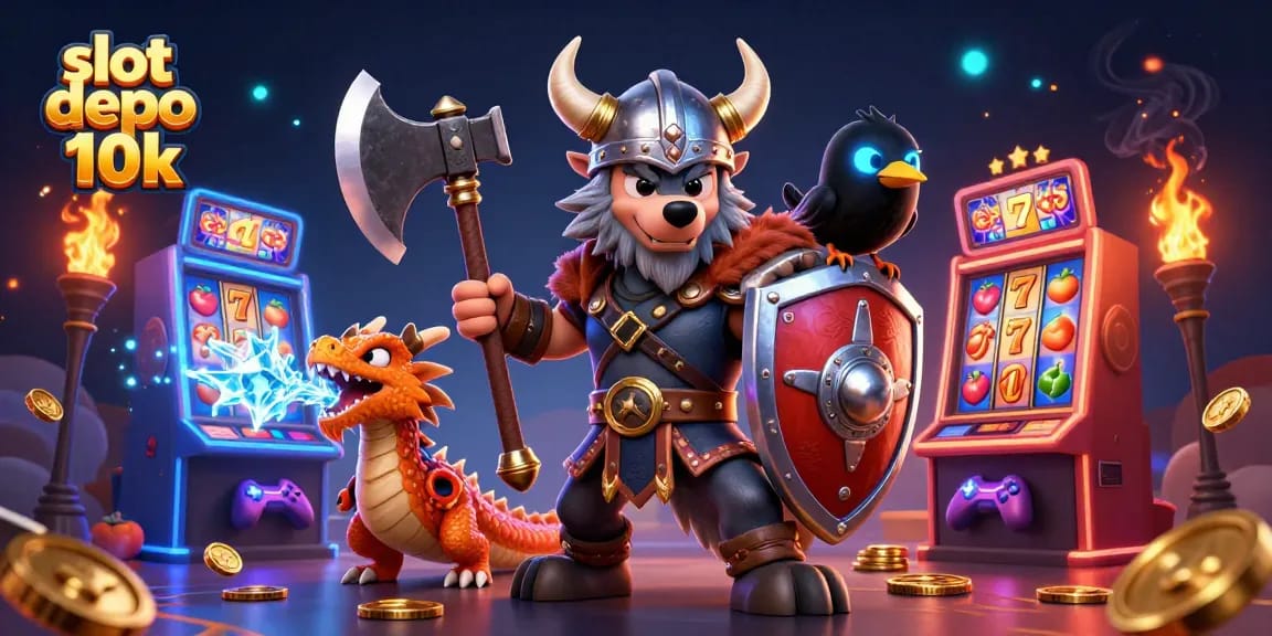 Menang besar dengan slot depo 10k, tampilkan slot mesin dan karakter menarik.