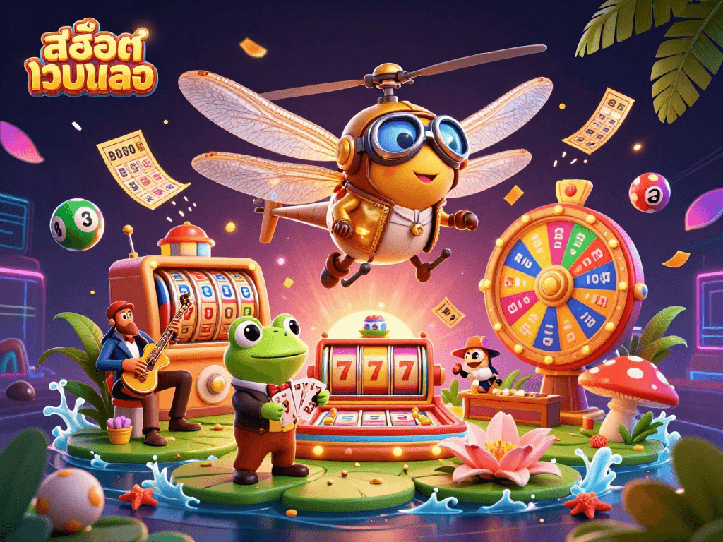 เล่นสล็อตเว็บตรง at a dynamic lily pad casino with vibrant characters and prizes.