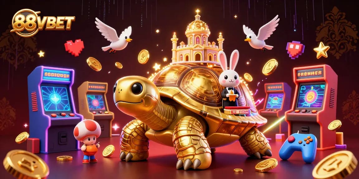 Experience thrilling gaming adventures with 88VBET in a vibrant casino illustration featuring a golden tortoise.