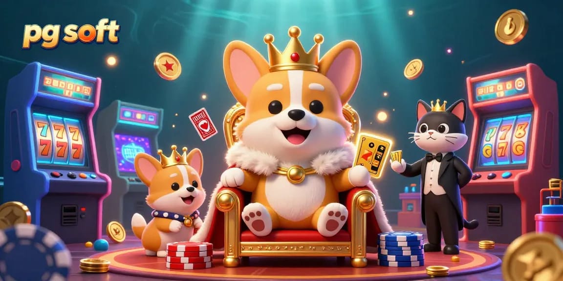 Spin and win with pg soft's vibrant slot games featuring a joyful corgi and colorful machines.